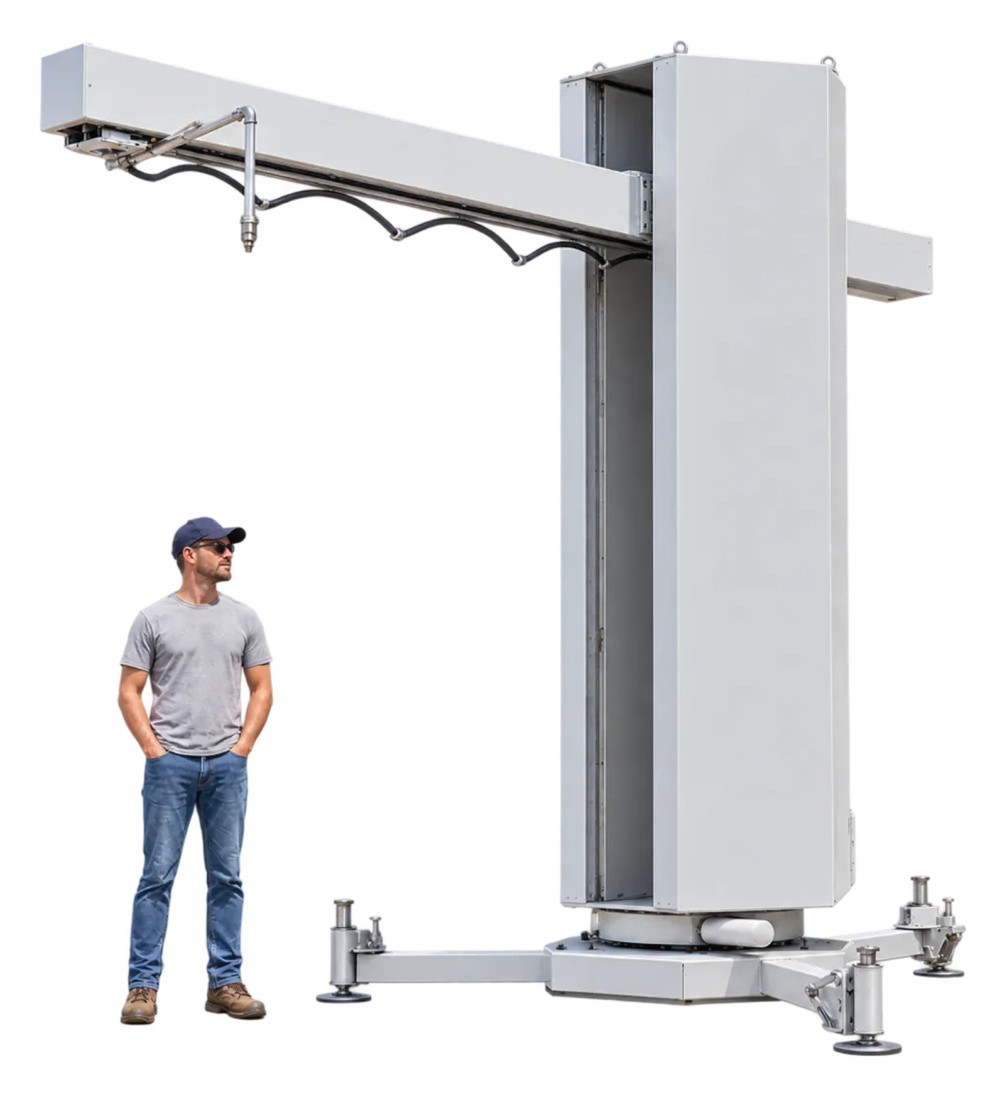 Rendering of the ATLAS tower printer with a person standing beside it for scale
