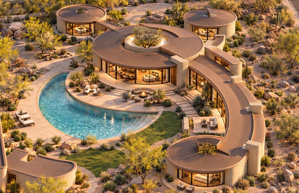 3D-printed masonry home with curved walls and round pavilions in the Arizona desert